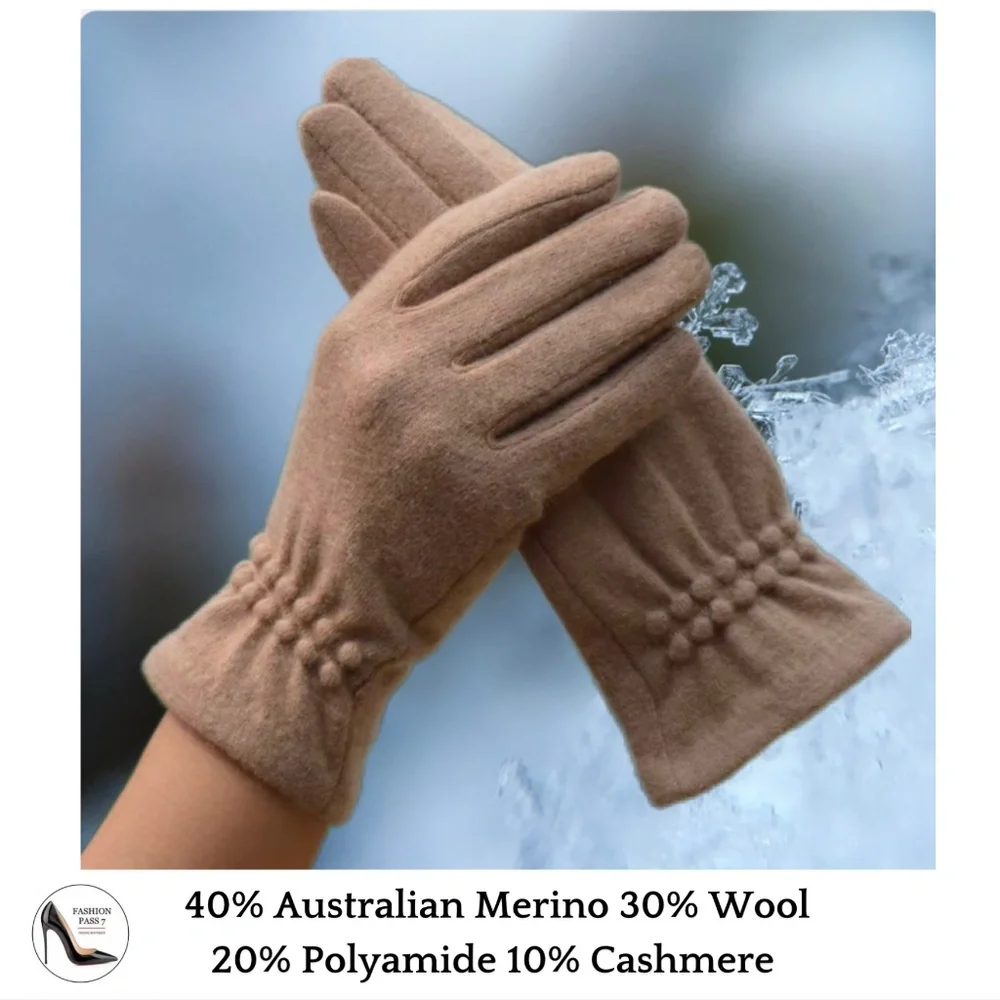 Luxury Cashmere Merino Wool Gloves Classic Beige Driving Winter Warm Cozy Gloves - Picture 3 of 6